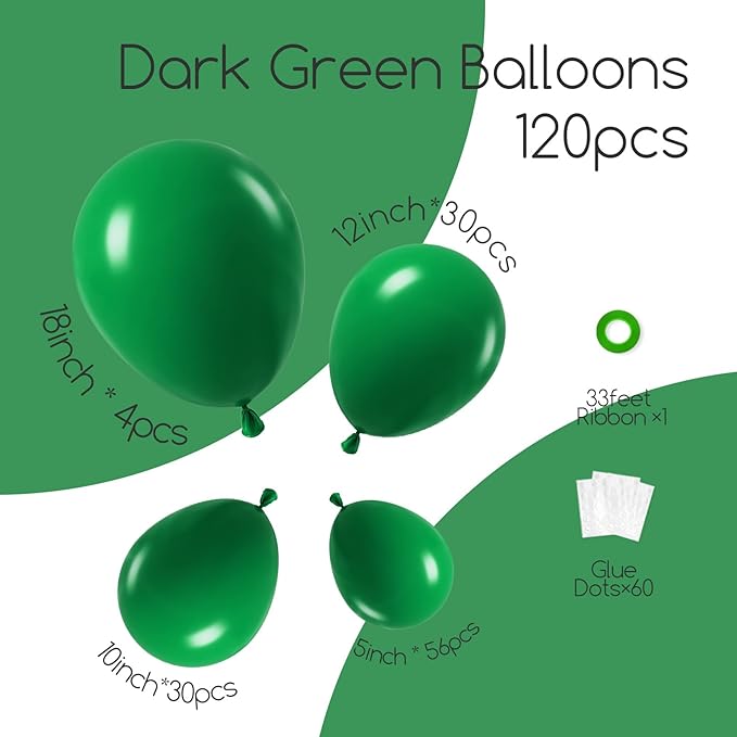 120pcs Dark Green Balloon Arch Kit, 18 12 10 5 inch Green Latex Balloons Different Sizes Dark Green Balloon Garland for Jungle Tropical Safari Birthday Party Decorations
