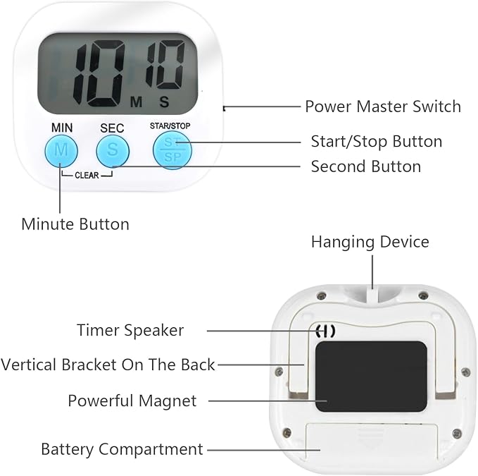 Small Digital Timer for Kitchen Cooking Baking Sports Office Meeting Multi-Function Count Up Countdown Magnetic Backing and ON/Off Switch Desk Electronic Timer (White)