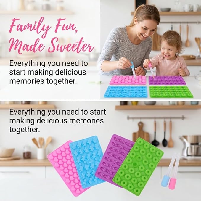 Limen 8Pcs Silicone Candy Mould Set with 2 Droppers, 4 Shapes Flexible Non-Stick Gummy Chocolate Trays for Dinosaur Bear Heart Donut Cookies Treats