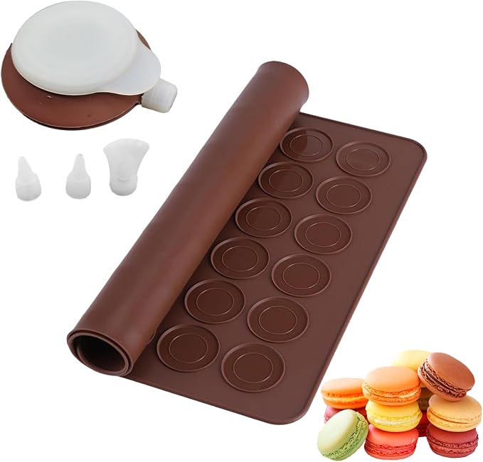Silicone Macaron Baking Kit, 48 Capacity Macaron Silicone Mat and Decorating Piping Pot with 3 nozzles, Non stick Reusable Macaroon Baking Supplies (Brown)