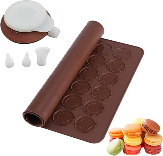 Silicone Macaron Baking Kit, 48 Capacity Macaron Silicone Mat and Decorating Piping Pot with 3 nozzles, Non stick Reusable Macaroon Baking Supplies (Brown)