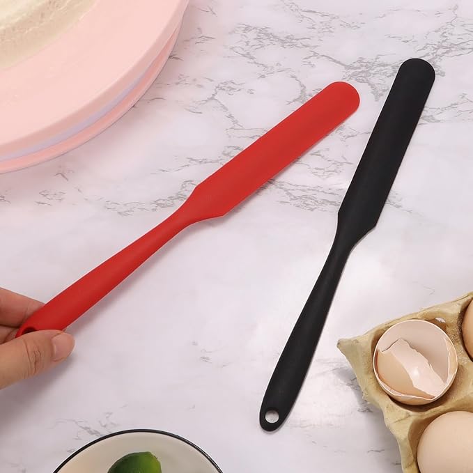 【6 Pack】Silicone Jar Spatula,Cake Cream Butter Spatulas,Icing Spatula,Sourdough Spatula with Long Handle, Jar Scraper Spatula (Black,Red,Orange,Blue,Green,Purple)