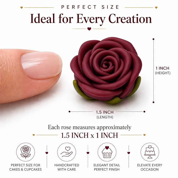 Confect Edible Deep Burgundy Rose Toppers – Edible Roses for Cake & Cupcake Decorations, Perfect for Weddings & Special Occasions- Vegan, Gluten-Free, Dairy-Free, Palm Oil-Free - Pack of 12
