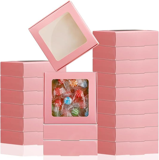 Zonon 30 Pcs Kraft Paper Boxes with Window 4.13 x 4.13 x 1.18 Inch Candy Packaging, Small Gift Boxes, Soap holder, Mini Treat Packaging for Bakery Chocolate Jewelry Display (Pink)