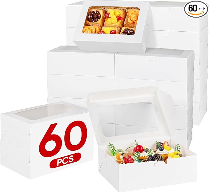 Treeroot 60PCS Cookie Boxes, 9x6x3 Inch White Bakery Boxes with Window, Treat Box for Desserts for Chocolate Covered Strawberries, Candies, Pancakes, and Donuts
