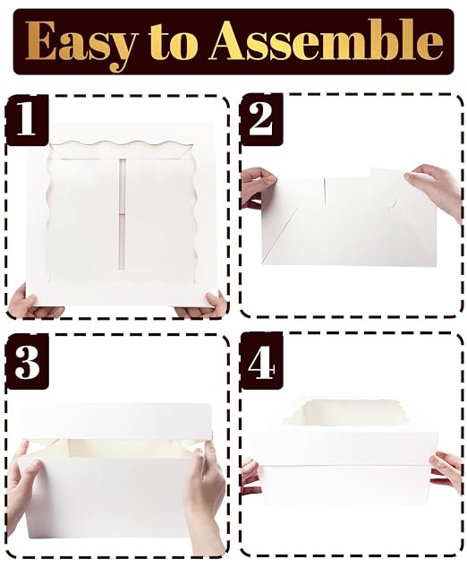 qiqee 12x12x6 Cake Box, 18 Sets White Cake Box with Window ＆ 18 Sets 12" White Cake Round Boards, 12inch Cake Containers, 10 Meters Gold Silk Ribbon