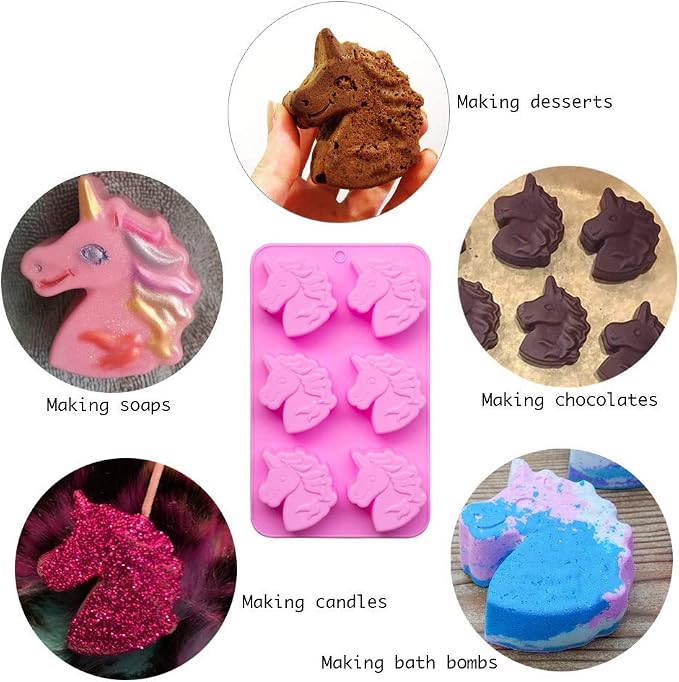 Fewo 2Pcs Unicorn Cupcake Molds, 6-Cavity Unicorn Head Silicone Cake Baking Pan Bath Bomb Soap Pudding Mould Little Girl Birthday Party Supplies