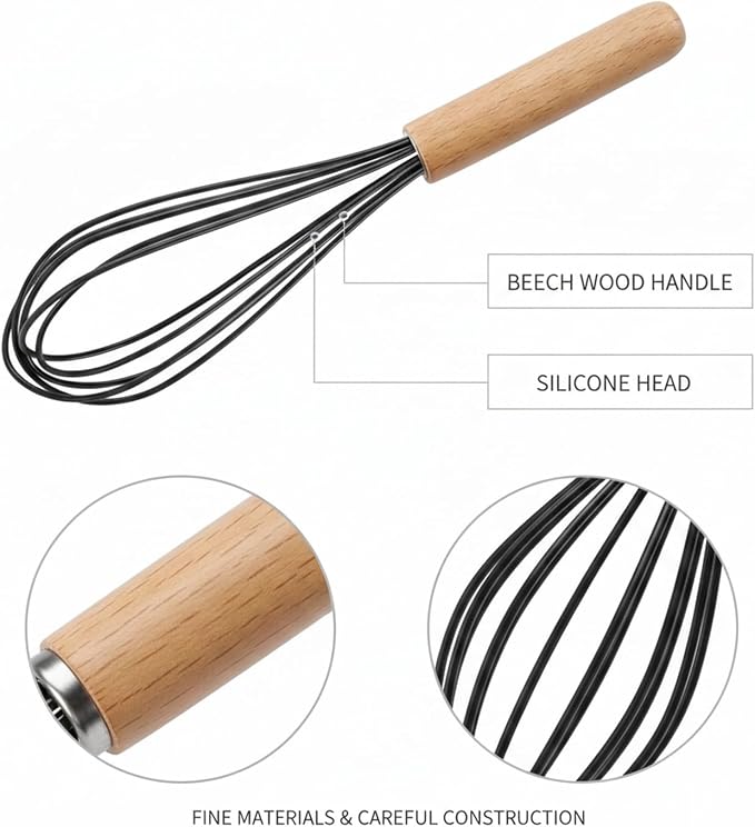 Easy-Use Manual Whisk with Silicone Head and Beech Wood Handle for Coated Cookware, 13-Inch Egg Beater