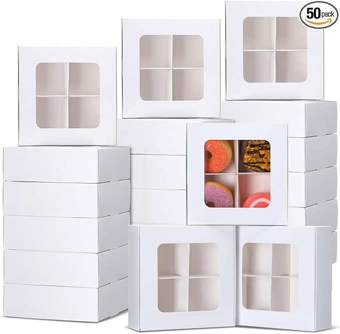 50 Pcs Kraft Treat Boxes with Window and Dividers, Empty Candy Truffle Baking Boxes, Square Cupcake Cookies Containers for Wedding Gift Giving (5.91 x 5.91 x 1.97 Inches,White)