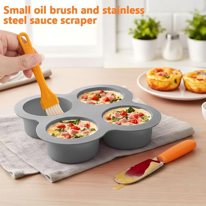 2 Pack Air Fryer Egg Bite Molds, 4 Cups Round Muffin Pans, Silicone Egg Bite Molds with Spreader＆Oil Brush Nonstick Air Fryer Baking Pan for Cupcake, Muffin, Tart, Frittata, Quiche