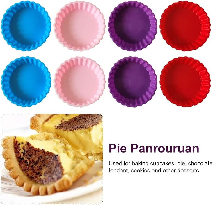 8 pcs Silicone Tart and Pie Molds, 4 Inch Fluted Mini Tart Mould Round Nonstick Quiche Pan Bakeware Mold for DIY Baking Pies/Tarts/Mousse Cakes/Small Dessert(Random Color)
