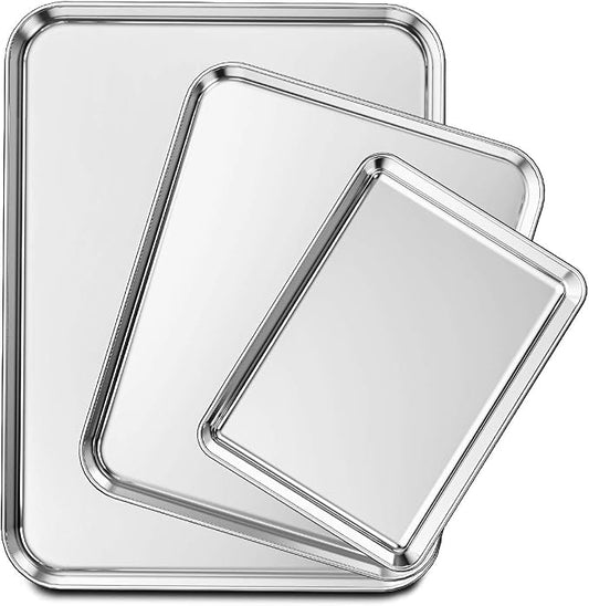 Wildone Baking Sheet Set of 3, Stainless Steel Cookie Sheet Cooking Sheet Pan for Baking & Roasting, 9/12/16 Inch, Non Toxic & Heavy Duty & Easy Clean