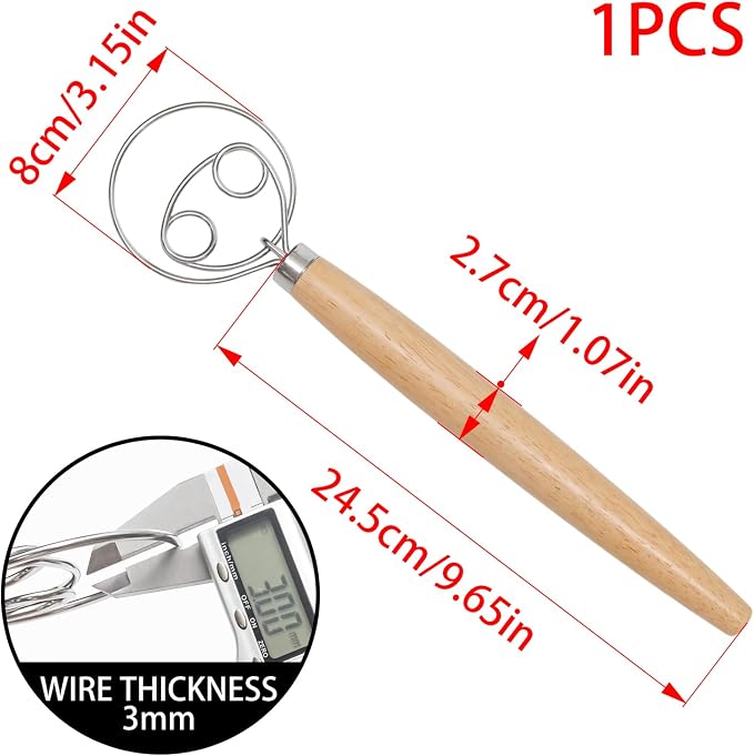 2 Pcs Danish Dough Whisk, Stainless Steel Hook Dutch Hand Whisk for Sourdough Bread Wooden Handle Dough Mixer, Baking Supplies for Cake Pizza Kitchen Tools(2 Holes)
