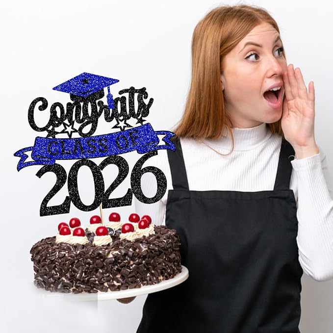 Glitter Class of 2026 Cake Topper，Congrats Grad Decorations， 2026 Happy Graduation High School/College/University Graduation Party Supplies Black and Dark Blue