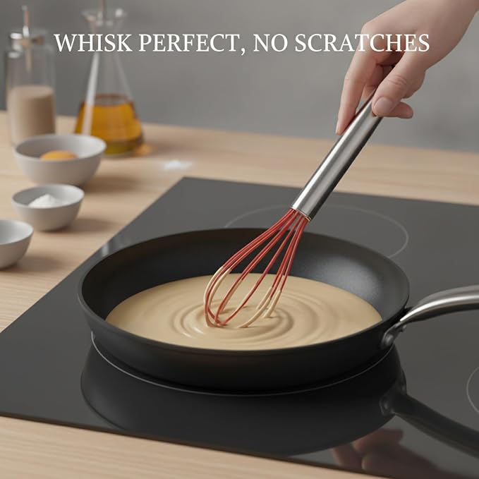 8.9 Inch Silicone Coated Whisk for Nonstick Cookware, Stainless Steel Wire Mixer for Eggs Sauces and Batters, Red Kitchen Utensil