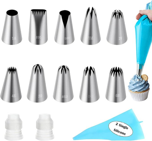 NOVANO 14pcs Large Piping Tips Set | Seamless Stainless Steel, Frosting Icing Tips, Includes Reusable Piping Bag and Coupler