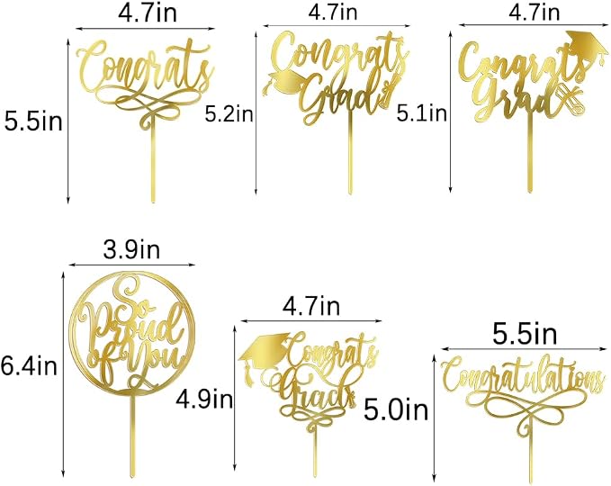 PALASASA Congrats Grad Cake Topper-Class of 2026 Graduate Party-2026 High School/College/Senior Graduation Party 6 kinds Design Graduation Acrylic Cake Decorations (6 Pcs, Gold)