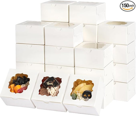 TOMNK 150pcs White Small Cookie Boxes with Window,4x4x2.5 Inch Small Bakery Boxes, 3 Style, Cookie Boxes Bulk for Dessert, Chocolate Strawberries Donuts and Party Favor