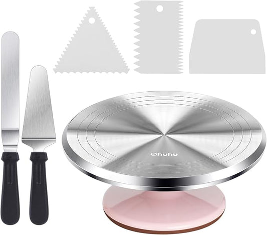 Ohuhu Cake Turntable, Aluminium 12'' Cake Decorating Kit Supplies Rotating Stand Revolving Spinner with 2 Icing Spatula 3 Comb Smoother Perfect Gifts
