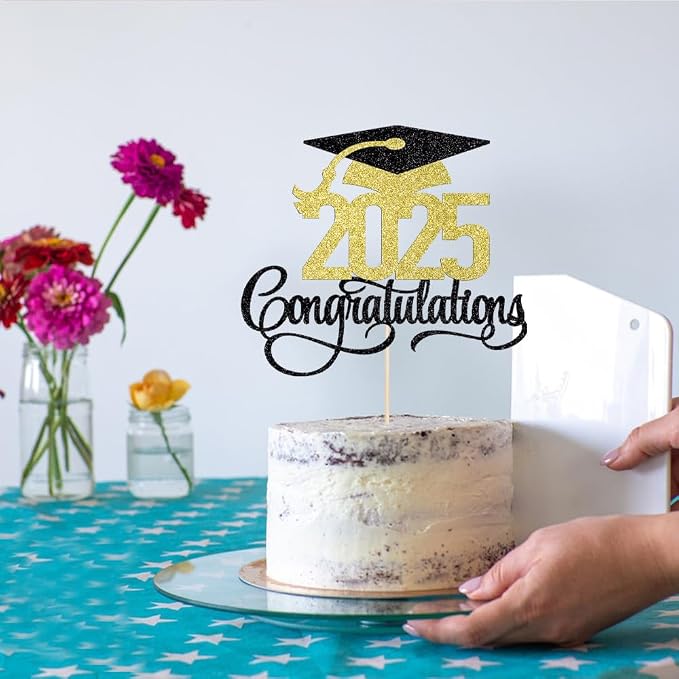 Black Gold Glitter 2025 Congratulations Graduation Cake Topper,Congrats Grad Cake Decor - 2025 High School/College/Senior Graduation Party Decorations Supplies