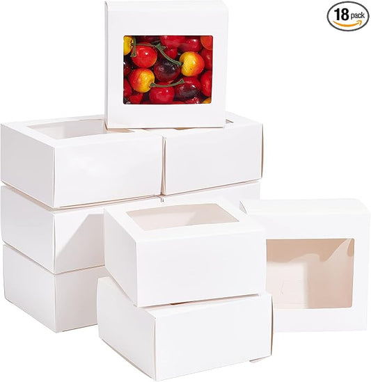 BENECREAT 18Packs 4.7x4.7x2.4inch Clear PVC Square Window Gift Boxes, White Kraft Paper Present Boxes for Baby Showers, Weddings, Birthday Parties