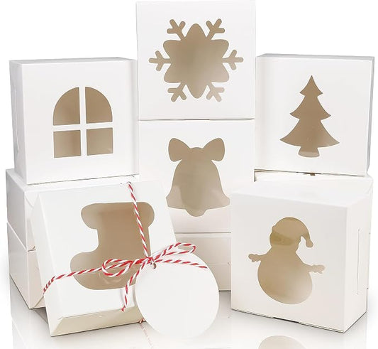 COTOPHER 30Pcs Christmas Cookie Boxes With Window, 4x4x2.5 Inch White Bakery Box for Gift Giving, Mini Cake Box for Treat Donuts Chocolate Strawberries Pastries Muffins