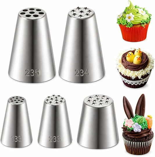 BLMHTWO 5pcs Grass Piping Tip, Stainless Steel Grass Tip for Cake Decorating, Cake Decorating Tips Piping Nozzles for Cupcakes Cookies Hair Fur Decoration Frosting Tips