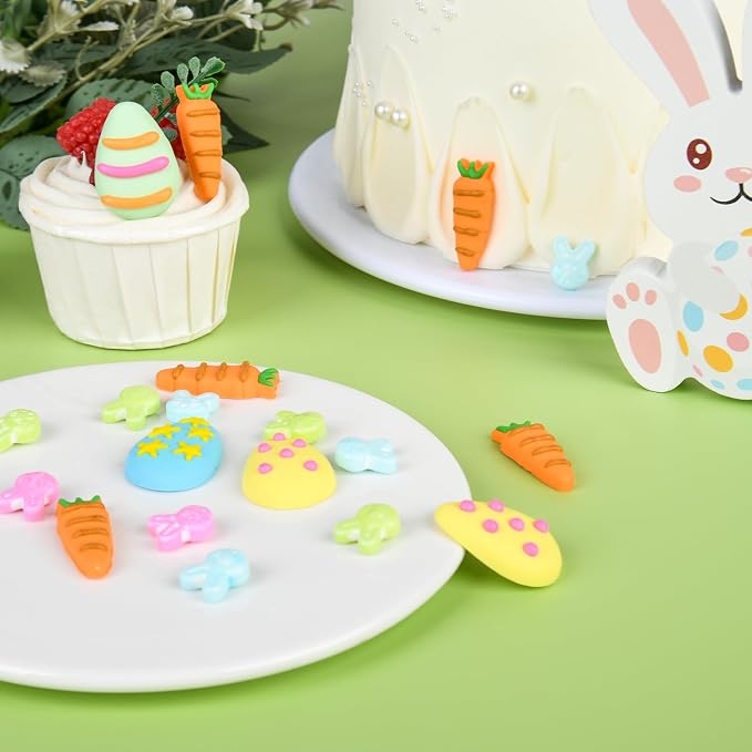 Easter Icing Decoration Edible Rabbit Eggs Carrot Icing Decoration Royal Icing Sugar Sprinkles for Cupcake Topper Cake Ice Cream Cookies Chocolate 22 Counts
