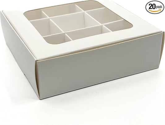 Treat Boxes - 20 ct 5 x 5 x 1.57 in Bakery Boxes with Windows and Dividers for Candy, Cookies, Cupcakes, or Bakery Desserts - Chocolate, Treats, and Baked Goods Packaging for Gifting