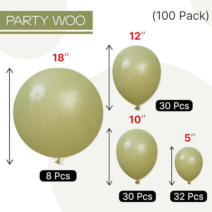 PartyWoo Sage Green Balloons 100pcs Different Sizes of 18 12 10 5 Inch Olive Boho Green Latex Balloon Arch Kit for Wedding Birthday Dinosaur Jungle Golf Football Theme Party Decorations Green-F11
