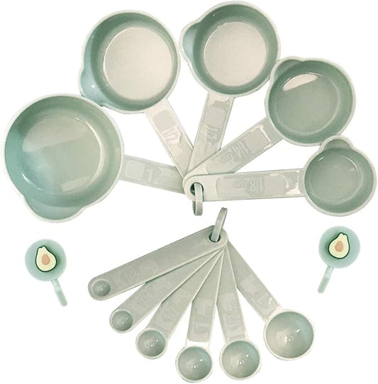 Measuring Cups and Measuring Spoons Set of 11pcs, Plastic, Nordic color Cups, Included 2 pcs Kitchen Tool Hook Up. (Green)