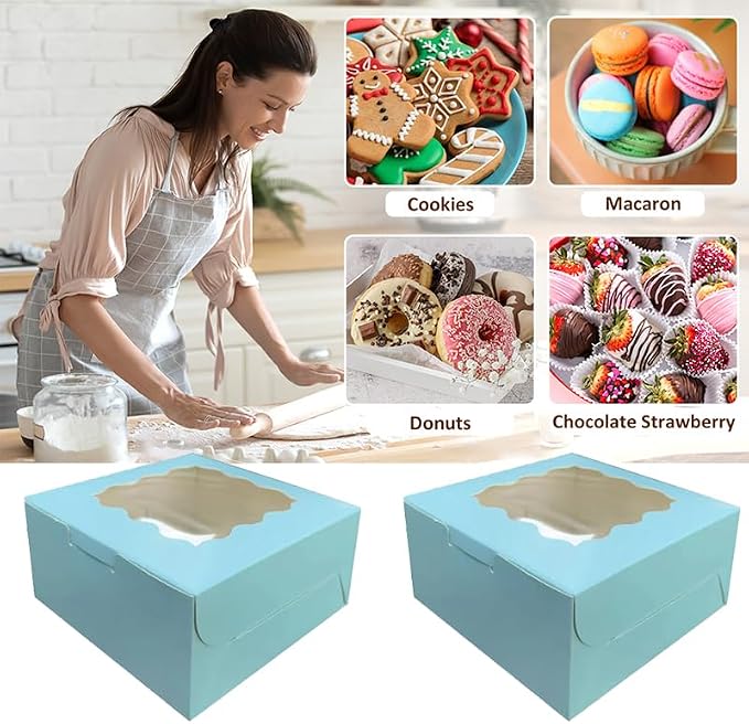 Generic 30Pcs (6x6x3 in) Mini Cake Boxes+2 stickers with Display Window for Gift Giving, Bakesale, Cupcakes, Dessert, Cookies, Pie, Macaroons, Donuts, Pastry, Kraft Paper Material… (30Pcs blue)