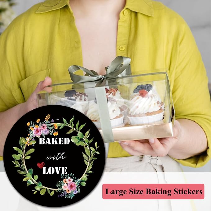 300 Pcs Baked with Love Stickers, 2 Inch Round Baking Labels, Kraft Baked Tags, Homemade Baking Stickers for Cookie Bags, Dessert Boxes