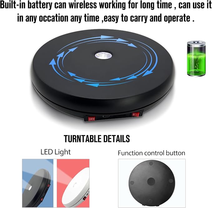 JAYEGT Multicolor LED Light Motorized Rotating Display Stand , 10 inch /55lbs Load, 360° Electronic Photography Turntable for Product Shows, Jewelry, Crystal Art (Black / 5 Colors Light / Rechargeable)