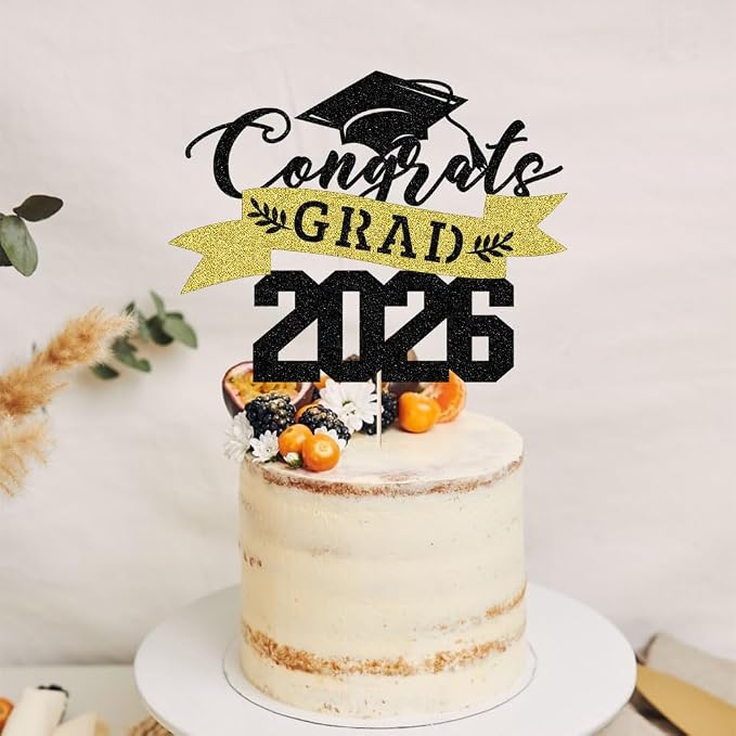 Glitter Graduation 2026 Cake Topper,Congrats Grad Cake Decor - 2026 High School/College/Senior Graduation Party Decorations Supplies