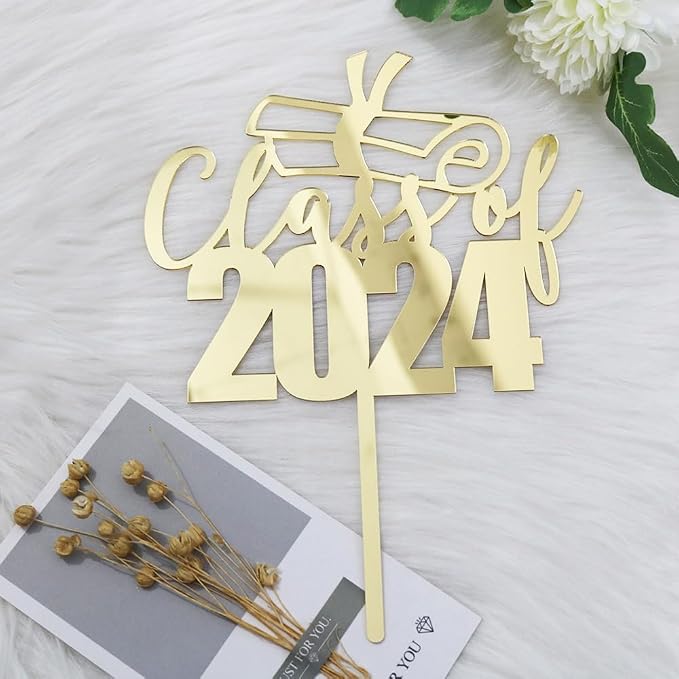 Mirror acrylic Class of 2024 Cake Topper - Congrats Grad Cake Toppers - Gold Glitter Graduation Party Decorations