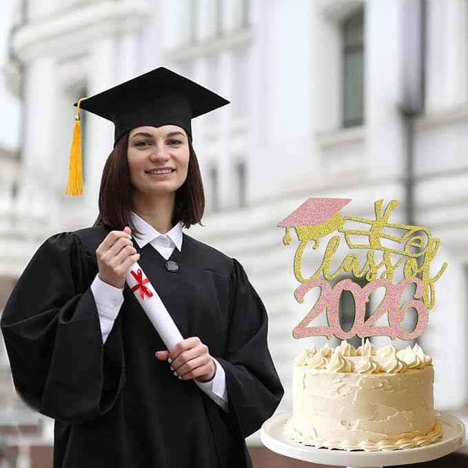 Gold Class of 2026 Congrats Grad Cake Topper Glitter Graduation Party Supplies - High School College Graduates -College Graduate Cake Topper Decorations (Class of 2026 Gold and rose gold)