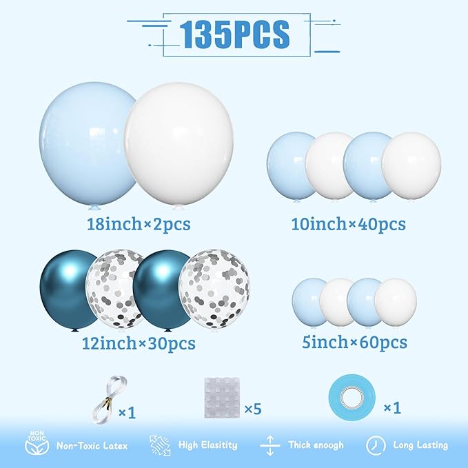 Blue Balloons Garland Arch kit, Blue White Silver Winter Balloon Arch Kit for Winter Wonderland Baby Shower Birthday Bridal Shower Wedding Snow Party Back to School Decorations