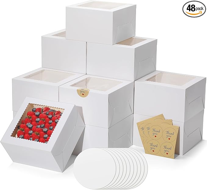 Small Cake Boxes 8 Inch with Window, 48 Set Bakery Boxes with Cake Boards & Stickers, Cupcake Box for Birthday, Party, Wedding, Mother's Day, Valentine's Day, Christmas（8x8x5 inch）