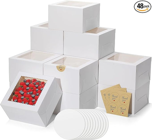 Small Cake Boxes 8 Inch with Window, 48 Set Bakery Boxes with Cake Boards & Stickers, Cupcake Box for Birthday, Party, Wedding, Mother's Day, Valentine's Day, Christmas（8x8x5 inch）