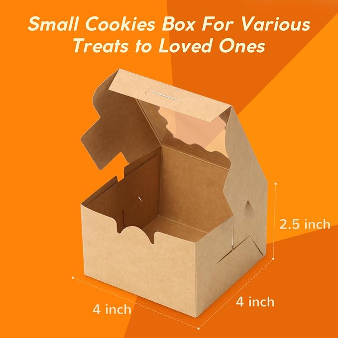 Brown 50pcs Cookie Boxes for Gift Giving, 4x4x2.5 Inches Small Bakery Boxes with Window, Kraft Paper Treat Boxes, Pastry Boxes for Dessert, Macarons, Cupcake, Donuts,Valentine, Wedding & Home Use