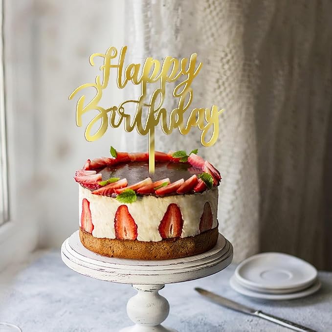 Handmade happy birthday Cake Topper, Happy Birthday Cake Bunting Decor,Birthday Party Decoration Supplies (Acrylic gold)