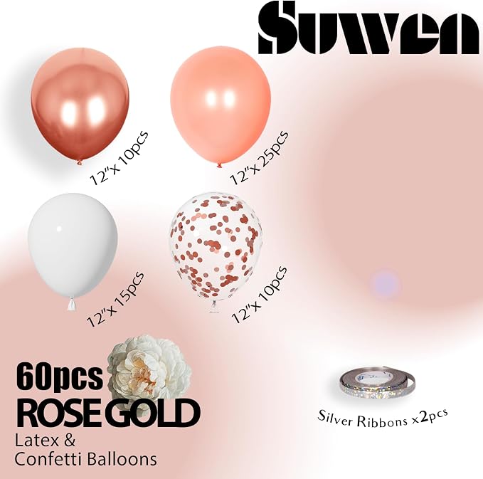 SUWEN 60PCS Metallic Rose Gold Confetti Balloons Set Latex Helium Chrome Rose Gold Balloon for Birthday Wedding Bridal Shower Anniversary Party Decorations