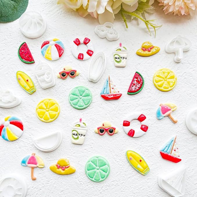 Summer Beach Polymer Clay Cutters Set Vacation Shapes Including Watermelon, Lemon, Sailboat, Surfboard & Beach Ball for DIY Earring Jewelry, Soft Clay Crafts, Scrapbooking & Miniature Decor