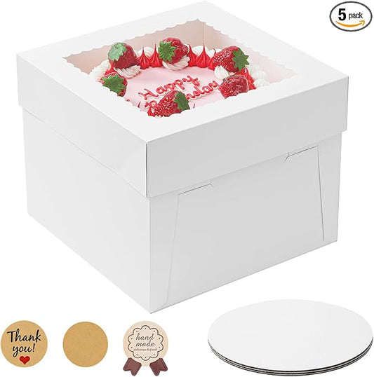 5 Pack Cake Boxes 12 Inch, White Square Cake Boxes with Cake Boards, Disposable Cardboard Cake Containers with Lids for Pastry Donuts Pies Cookies Desserts Wedding Birthday Party (12×12×8 In)