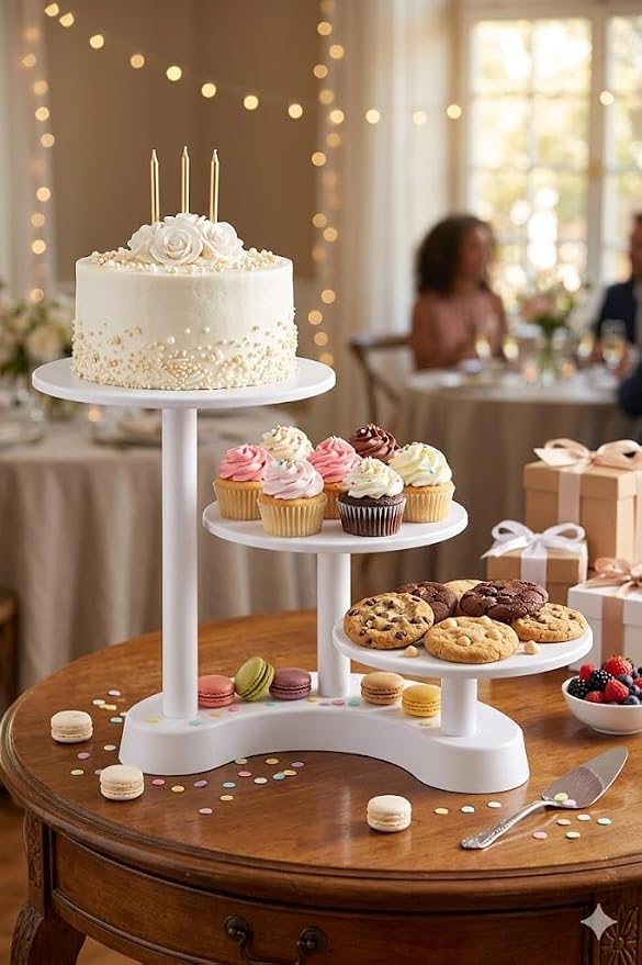 Oasis Supply 3-Tier Cascade Cake Stand – White Plastic Dessert Display Stand, Tiered Cupcake Stand for Cakes, Cupcakes, Weddings, Birthdays & Party Decorations