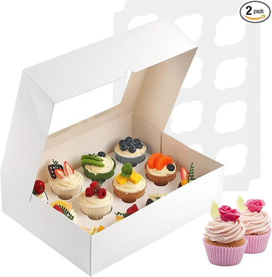 Cupcake Box, Disposable Cupcake Container Bulk, Auto-pop up, 2 Pcs, White | Cupcake Holder Holding 12 Count Cupcakes, Cupcake Carrier with Window, Easy To Assemble, Transport and Store Cupcake, Sturdy