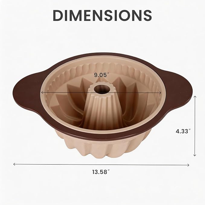 Nonstick Silicone Bundt Cake Pan, 9 Inch Fluted Tube Baking Mold with Reinforced Frame for Cakes, Bread, Brownies and Jello, Easy Release & Easy Clean
