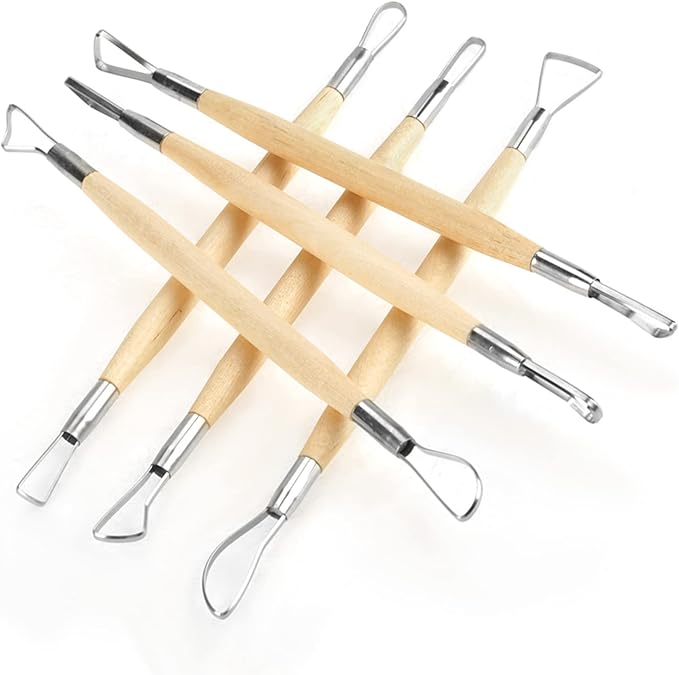 Culnflun Double Sided Clay Sculpting Tools, 6Pcs Wooden Handle Ribbon Clay Modeling Tools Ceramic Pottery Ribbon Sculpting Shaping Craft Kit for Fondant, Cake, Ceramic, Dough