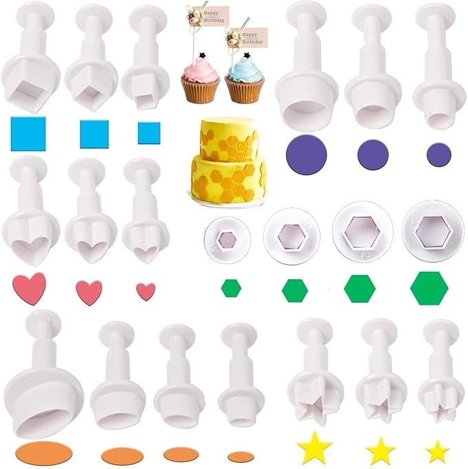 20 Pcs Cookie Cutters,Fondant Cake Cookie Plunger Cutter,Mini Plastic Biscuit Plunger Fondant Decorating Mold Heart Square Oval Circular Star Hexagon Cutters